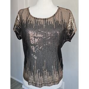Glam Sheer Sequin Evening Gold Black Bronze Blouse Top Celine By Champion Sz M